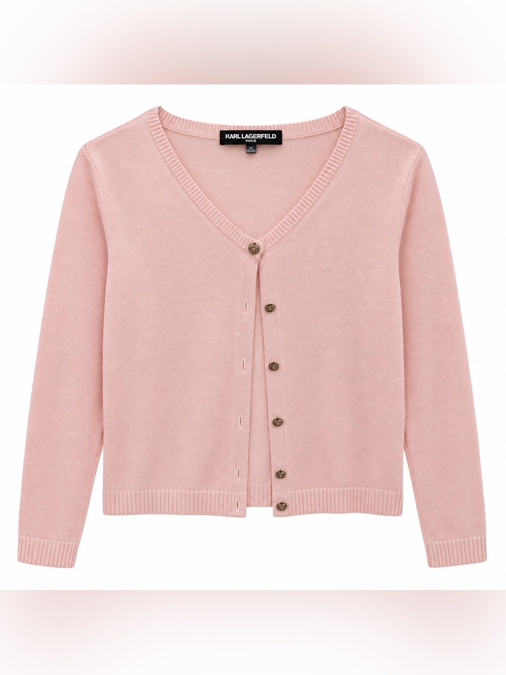 Karl Lagerfeld Paris Women’s M Pink Cardigan Sweater Gold Logo Buttons